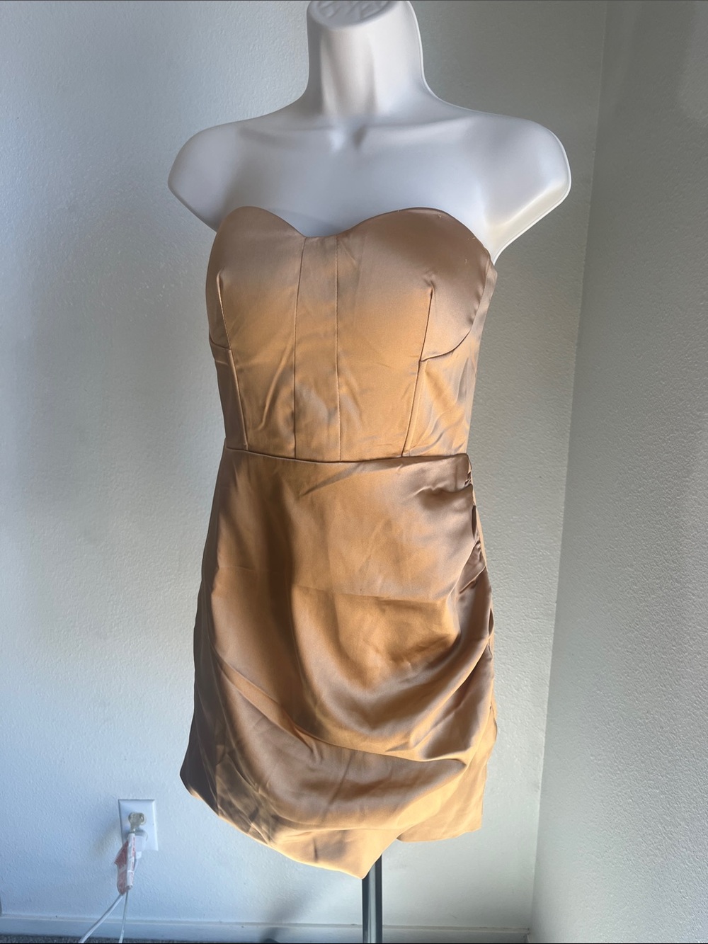 Strapless Satin Mini Dress in Camel